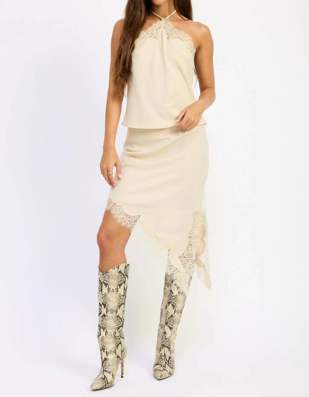 NEW EMORY PARK hailey satin lace asymmetrical midi skirt in cream